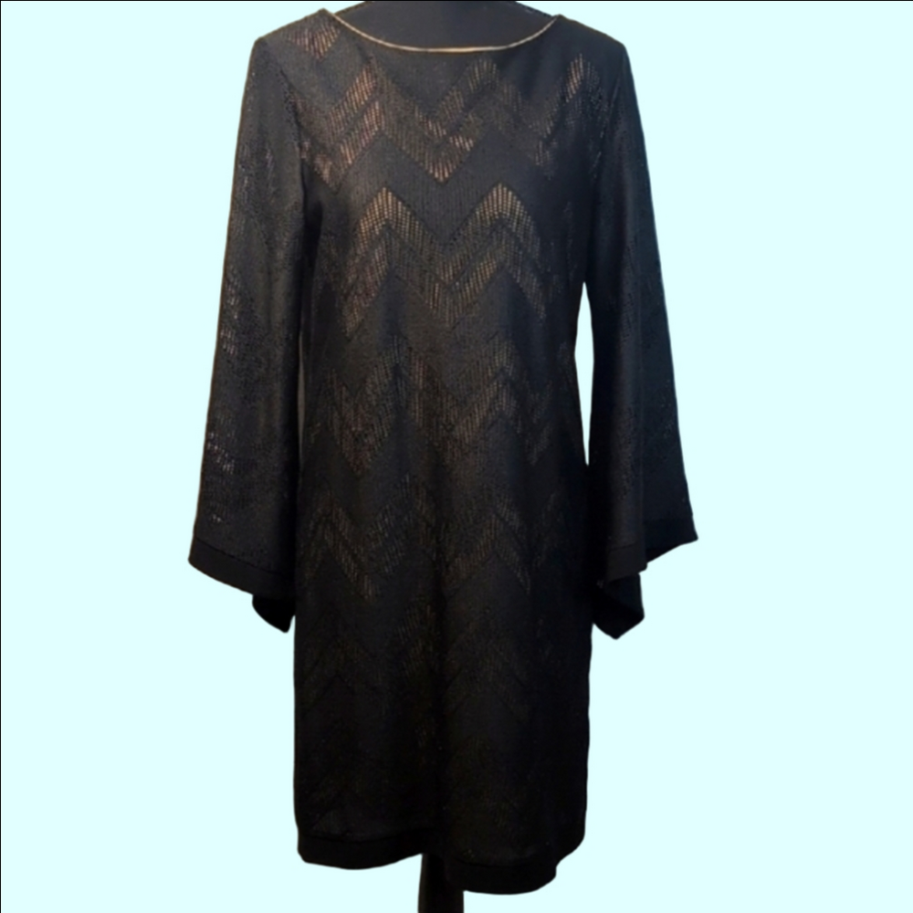 Emma & Michele Black and Nude Sheath Dress with Bell Sleeves